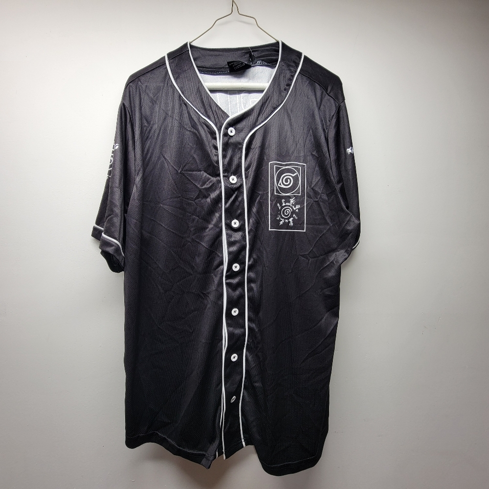 Naruto Shippuden Shirt Men Large Black Button Front Short Sleeve Baseball Jersey